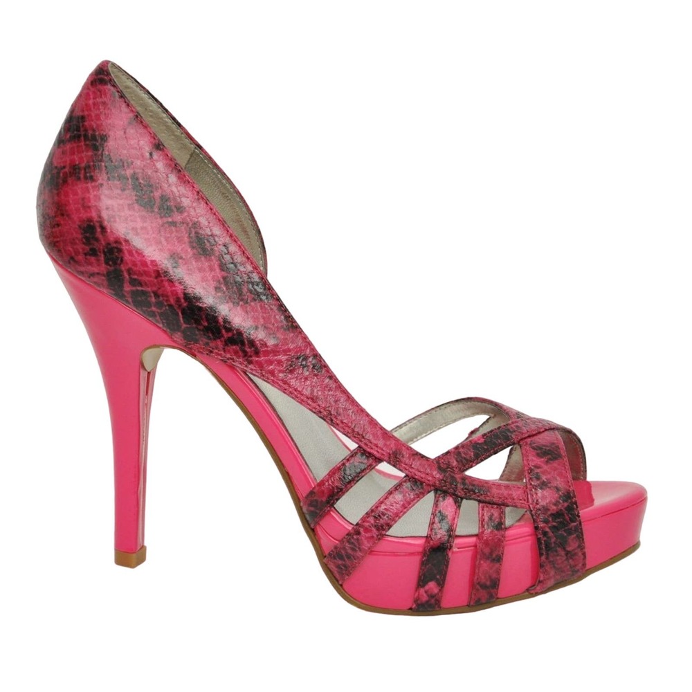 Guess SHONA Peep Toe Platform Pump Heel Strappy Shoe Pink/Snake 9.5 New